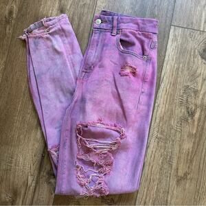 American‎ Eagle Outfitters Pink Upcycled Jeans, Curvy Mom, Distressed, 2 LONG
